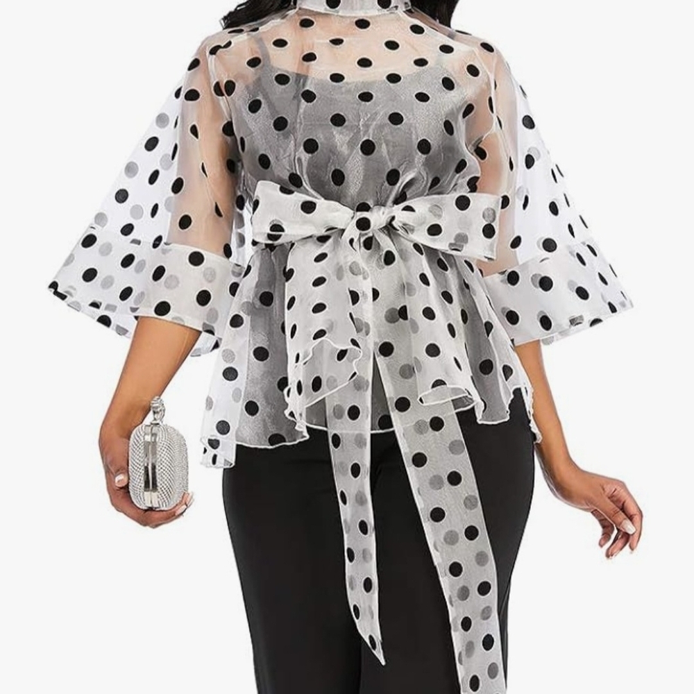 Sheer Polka Dot Tie-Waist Blouse - White/Black